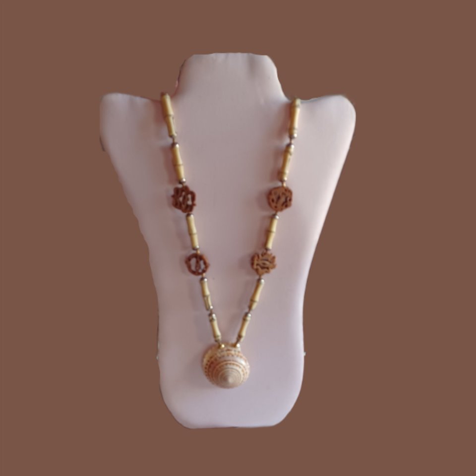 Vintage Signed Miriam Haskell Long Seashell and Bamboo and Wood Statement Necklace
