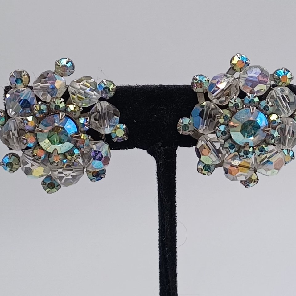 Beautiful WEISS Aurora Borealis Cluster Clip-On Earrings