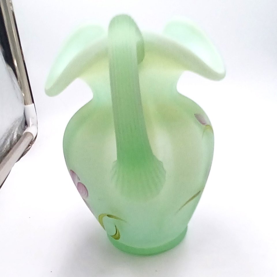 Fenton Green Burmese Hand Painted  Floral Glass Pitcher, Signed, Collectible Glass