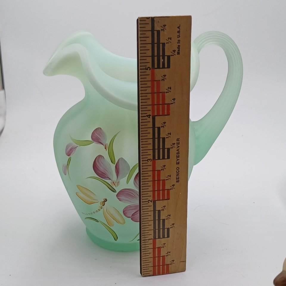 Fenton Green Burmese Hand Painted  Floral Glass Pitcher, Signed, Collectible Glass