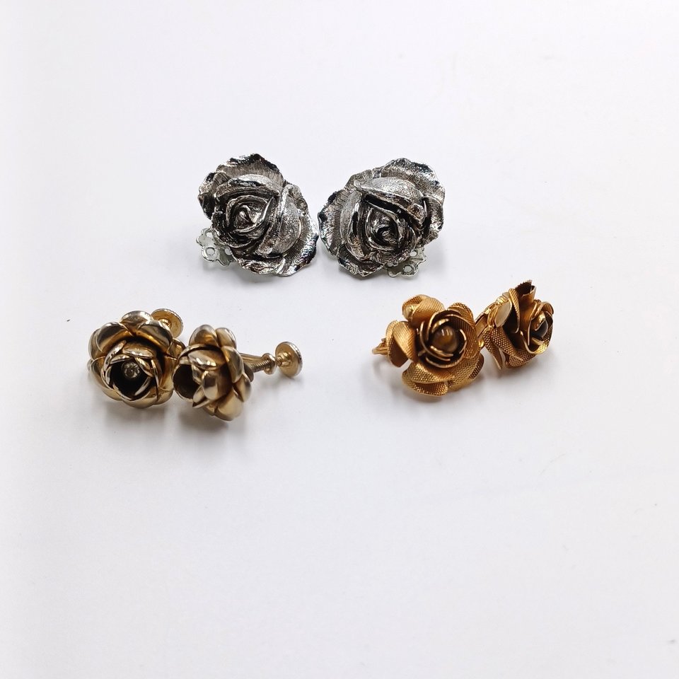 3 Pairs of Gold and Silver Tone Roses Themes Clip-on Earrings