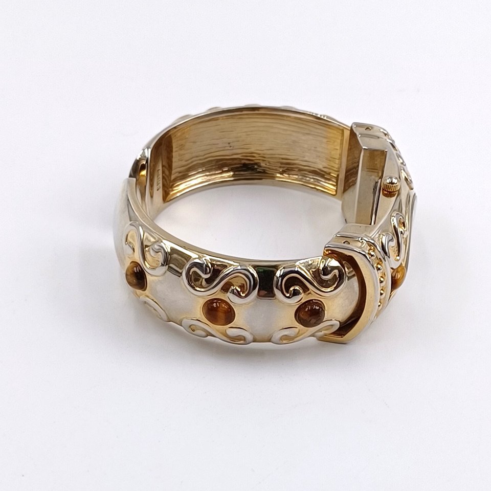 P.O.V. Gold Tone Ladies Clamper Fashion Watch with Tigers Eye, Runs