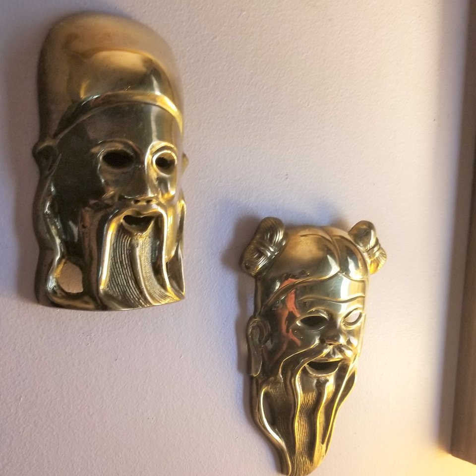 Solid Brass Chinese Confucius Masks Set of 2 Wall Hangings, Vintage Asian Home Decor