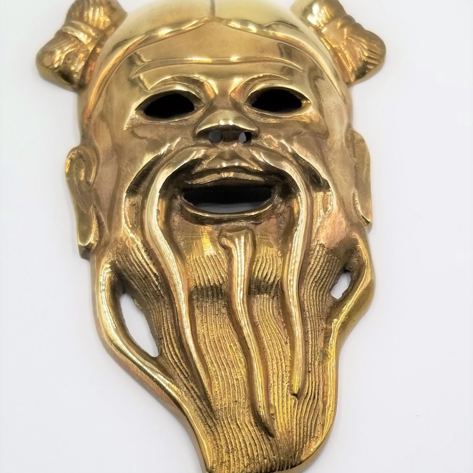 Solid Brass Chinese Confucius Masks Set of 2 Wall Hangings, Vintage Asian Home Decor