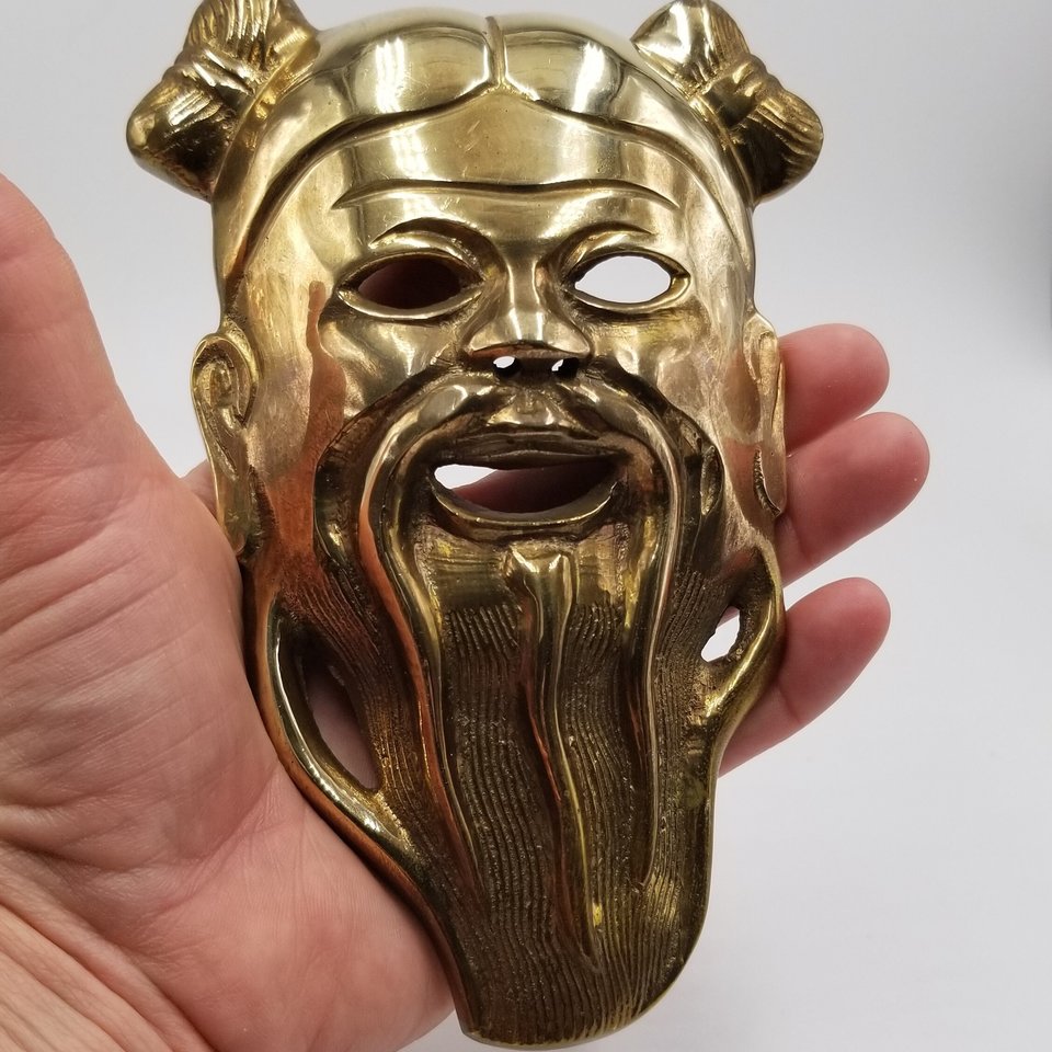 Solid Brass Chinese Confucius Masks Set of 2 Wall Hangings, Vintage Asian Home Decor