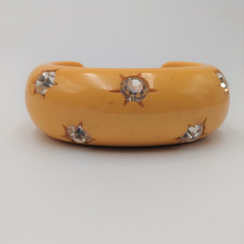 Butterscotch Bakelite and Rhinestones Open Cuff Bracelet and Screw Back Earrings Jewelry Set