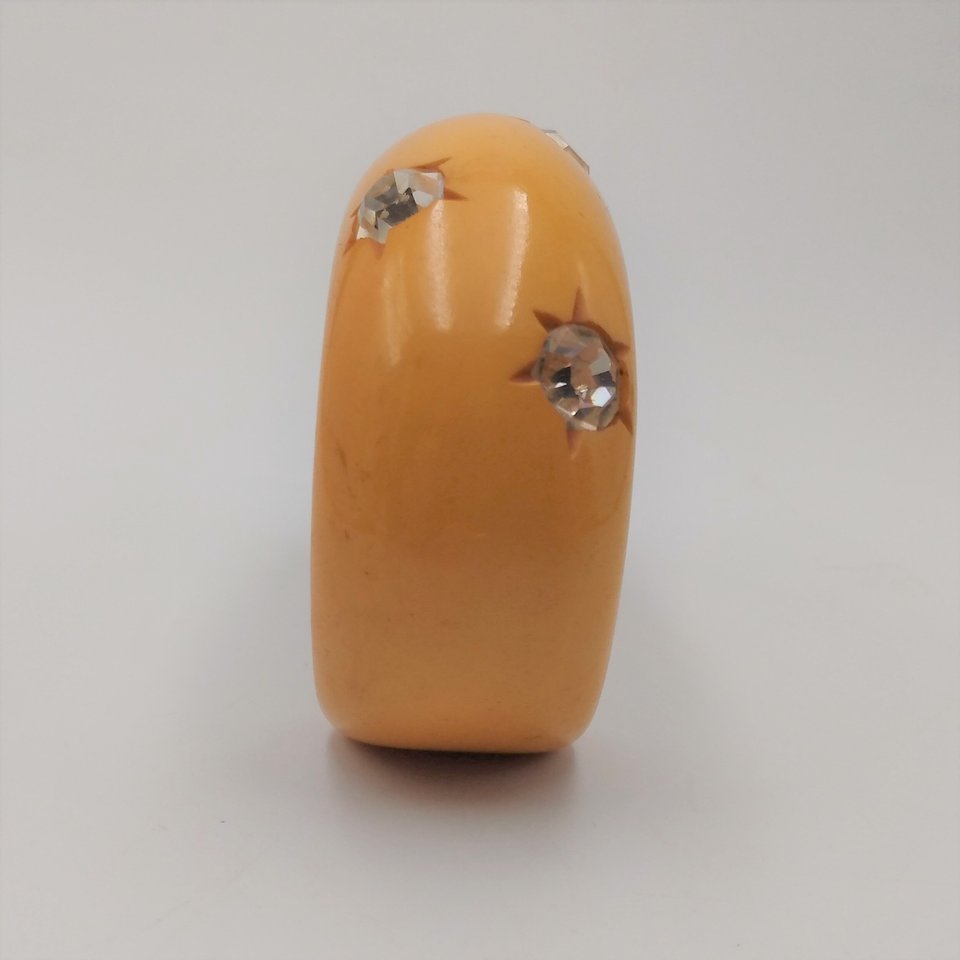 Butterscotch Bakelite and Rhinestones Open Cuff Bracelet and Screw Back Earrings Jewelry Set