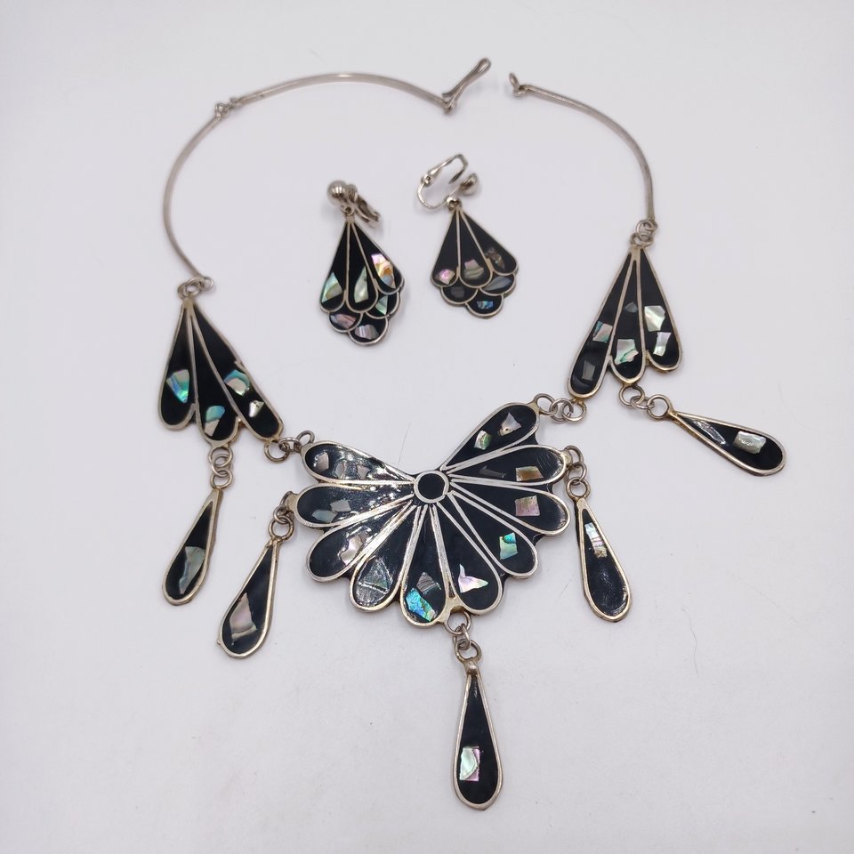 Mexican Alpaca and Abalone Inlay Necklace and Earrings Jewelry Set