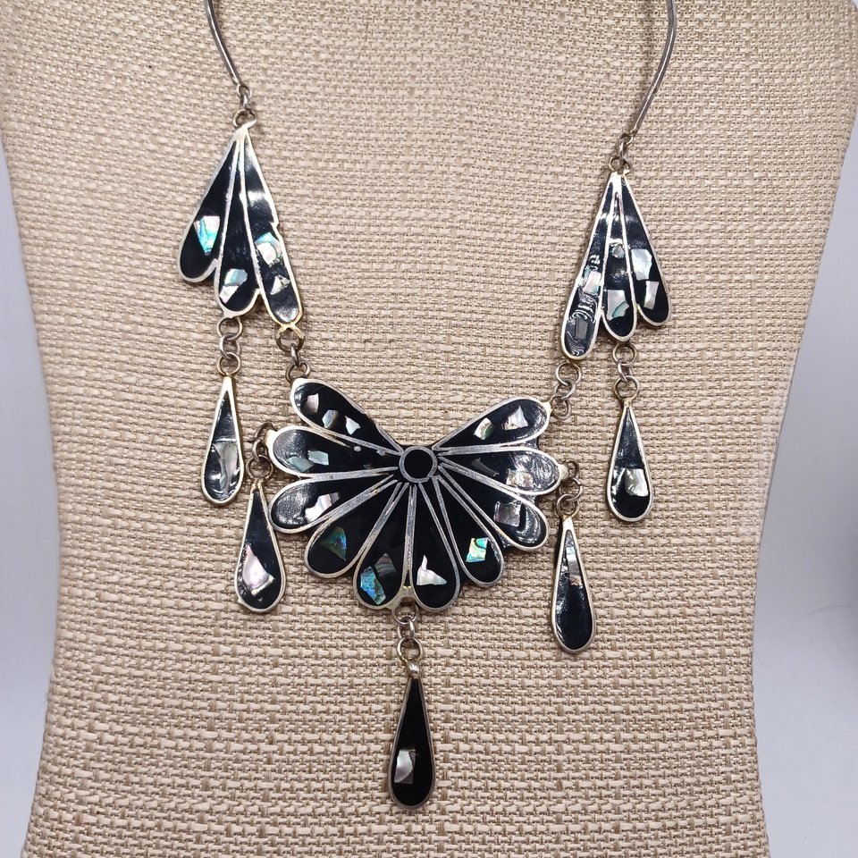 Mexican Alpaca and Abalone Inlay Necklace and Earrings Jewelry Set
