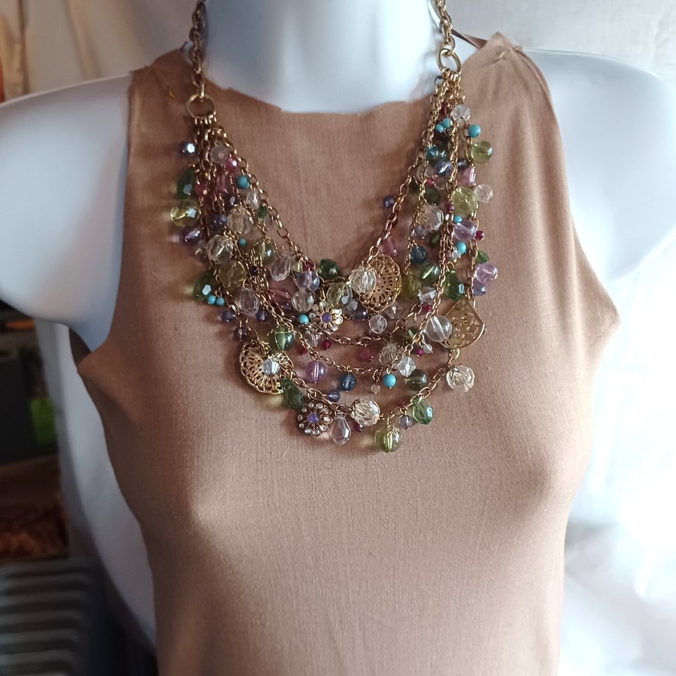 Flirty Gold Tone Multi-strand Baubles and Charms Statement Bib Necklace