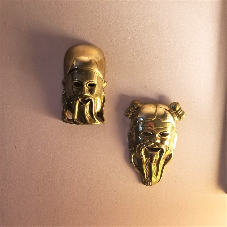 Solid Brass Chinese Confucius Masks Set of 2 Wall Hangings, Vintage Asian Home Decor