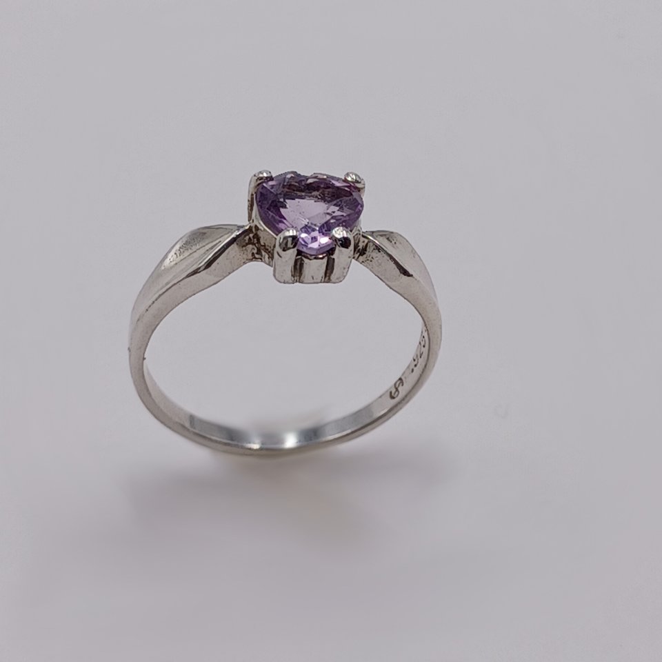 Sterling Silver and Amethyst Heart Shaped Solitaire Ring, Size 6