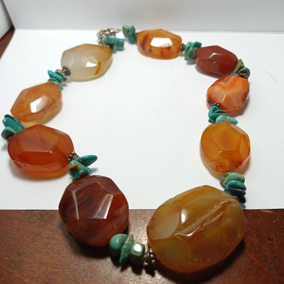 BARSE Chunky Carnelian and Turquoise Sterling Silver Beaded Necklace