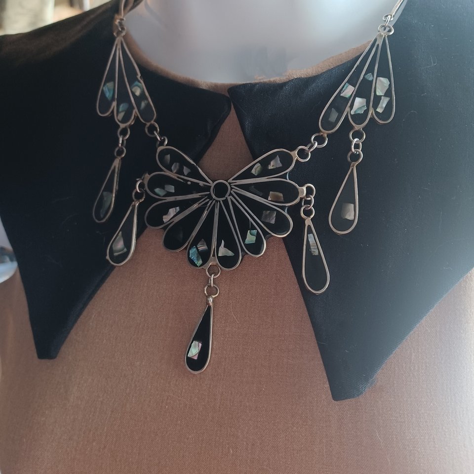 Mexican Alpaca and Abalone Inlay Necklace and Earrings Jewelry Set
