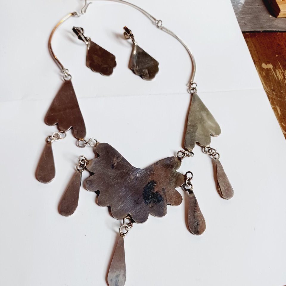 Mexican Alpaca and Abalone Inlay Necklace and Earrings Jewelry Set