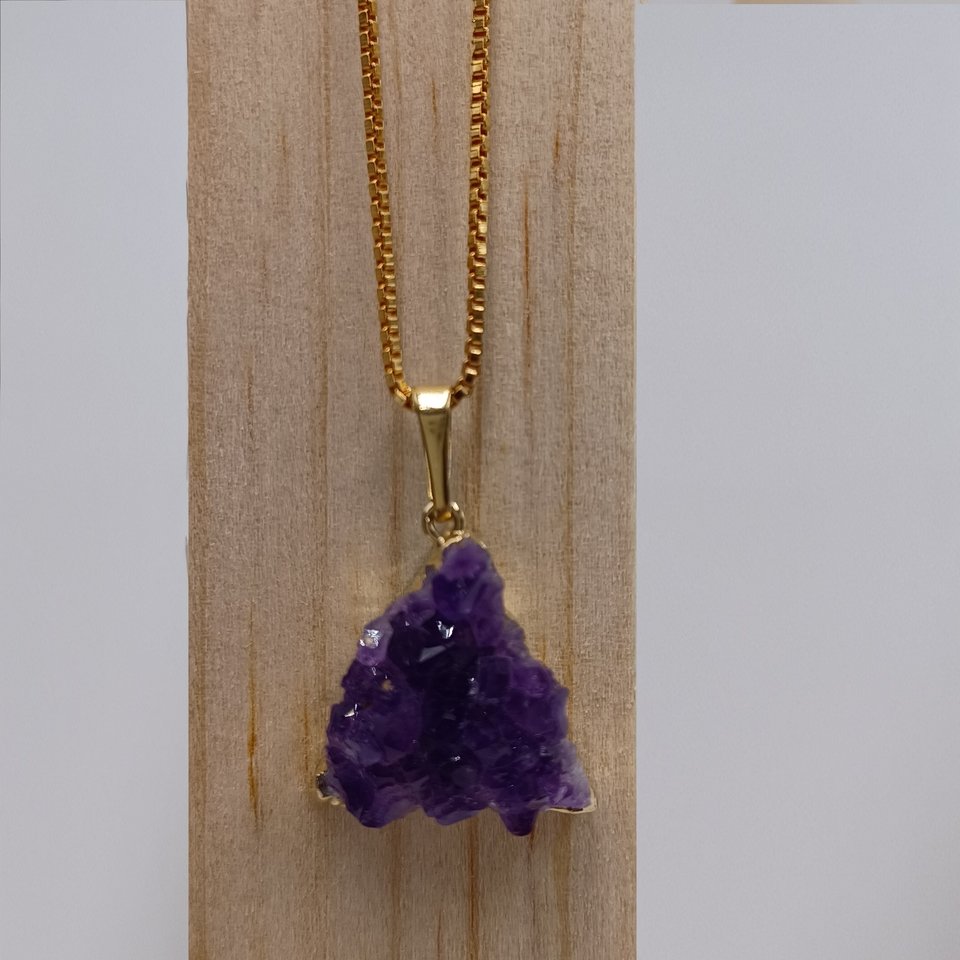 Gold Plated Purple Triangle Druzy Crystals Chunk Pendant and Gold Tone Box Chain Necklace