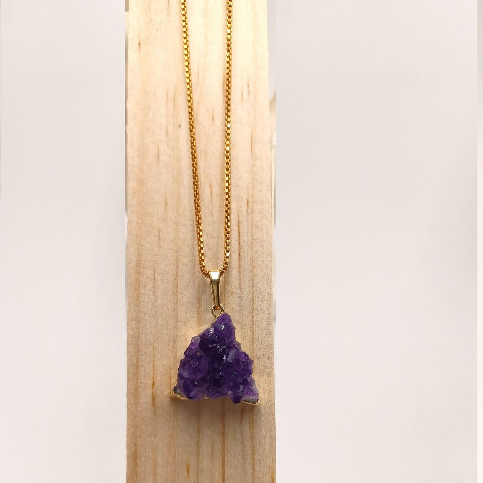 Gold Plated Purple Triangle Druzy Crystals Chunk Pendant and Gold Tone Box Chain Necklace