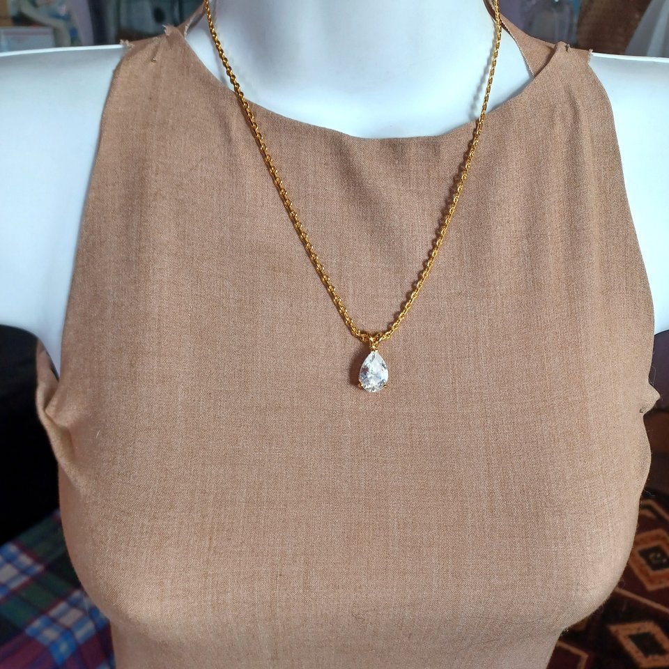 Huge Gold Plated Teardrop Cubic Zirconia Pendant  with a fancy Gold Plated Chain Necklace