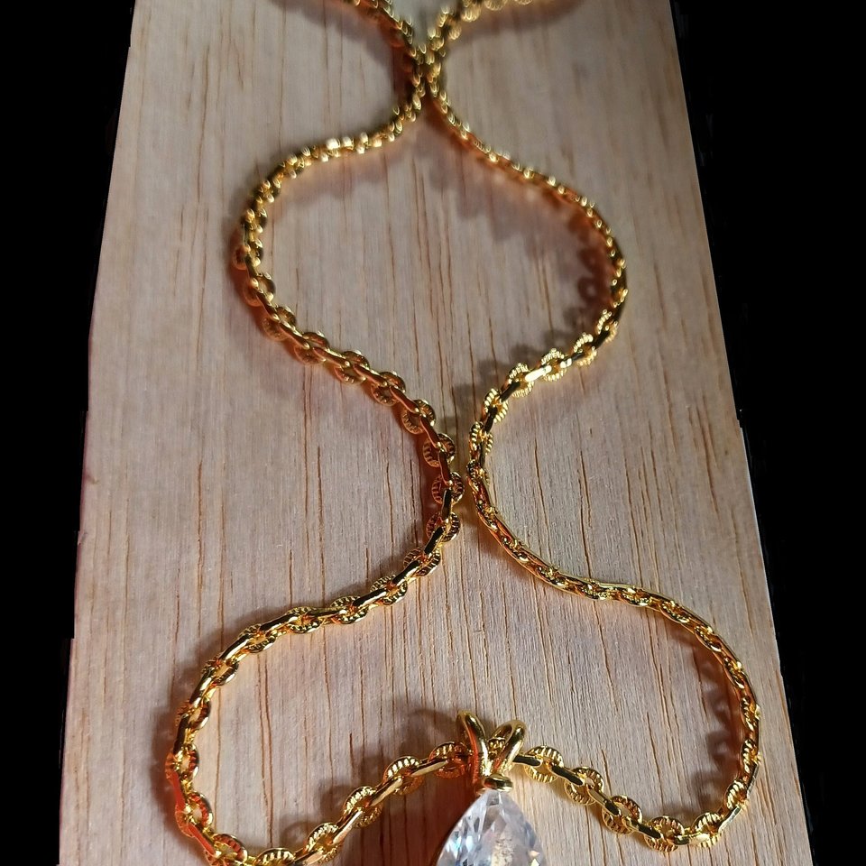 Huge Gold Plated Teardrop Cubic Zirconia Pendant  with a fancy Gold Plated Chain Necklace