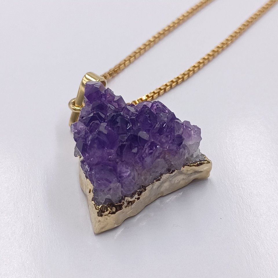 Gold Plated Purple Triangle Druzy Crystals Chunk Pendant and Gold Tone Box Chain Necklace