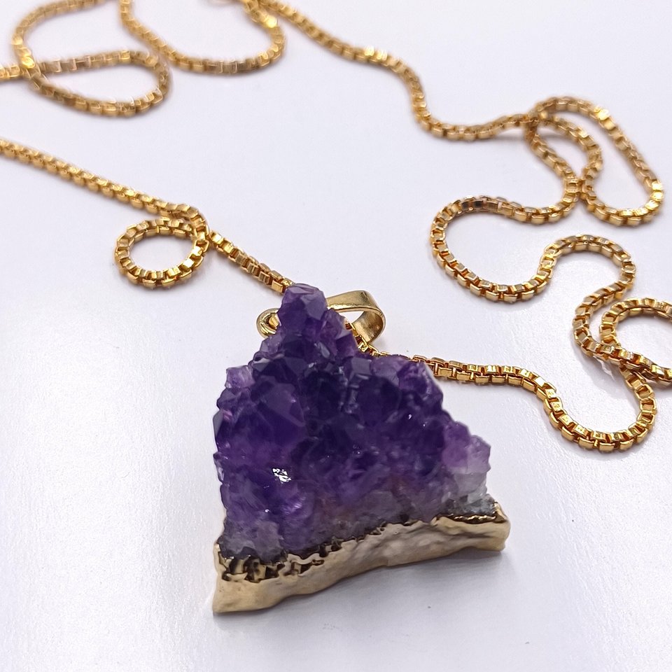 Gold Plated Purple Triangle Druzy Crystals Chunk Pendant and Gold Tone Box Chain Necklace