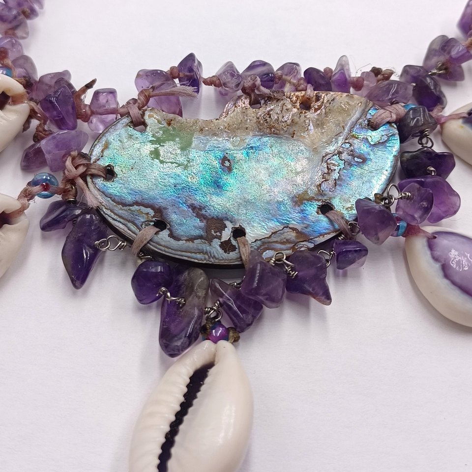 Vintage  Purple Top Cowrie Shell, Amethyst and Abalone Artisan Necklace OOAK