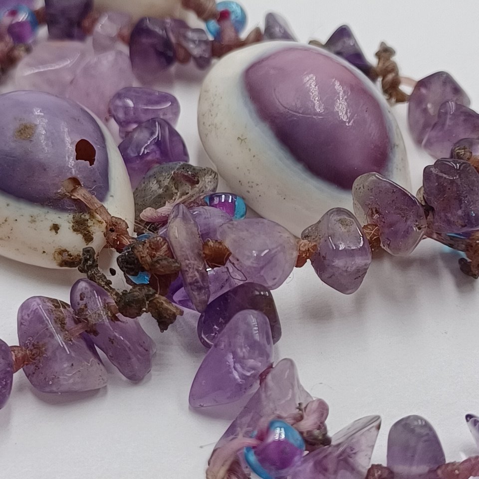 Vintage  Purple Top Cowrie Shell, Amethyst and Abalone Artisan Necklace OOAK