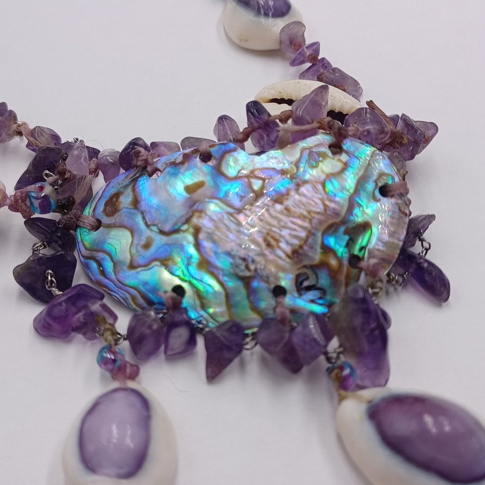 Vintage  Purple Top Cowrie Shell, Amethyst and Abalone Artisan Necklace OOAK
