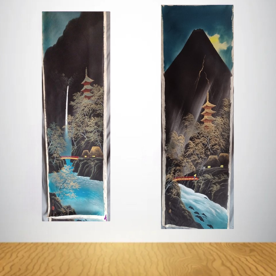 Stunning Japanese Hand Painted on Silk Rectangular Paintings-Circa 1950's- Un Framed