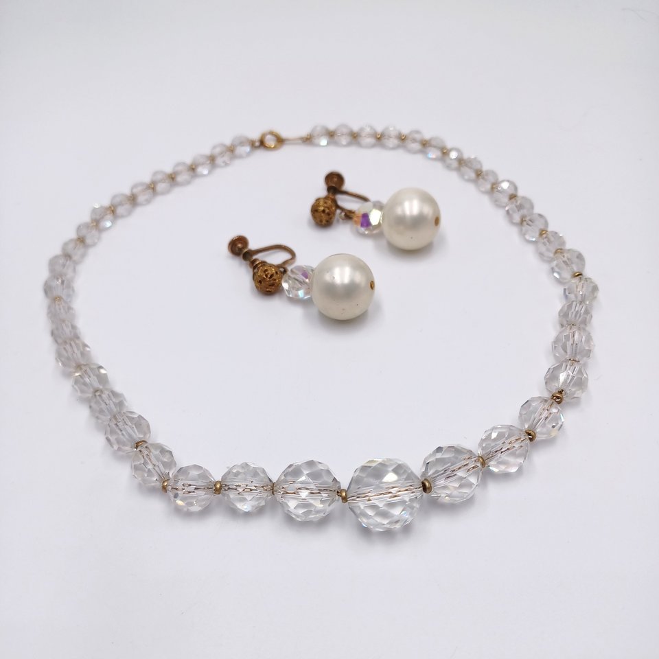 Vintage Simmons Aurora Borealis Crystal Beaded Necklace and Earrings Jewelry Set