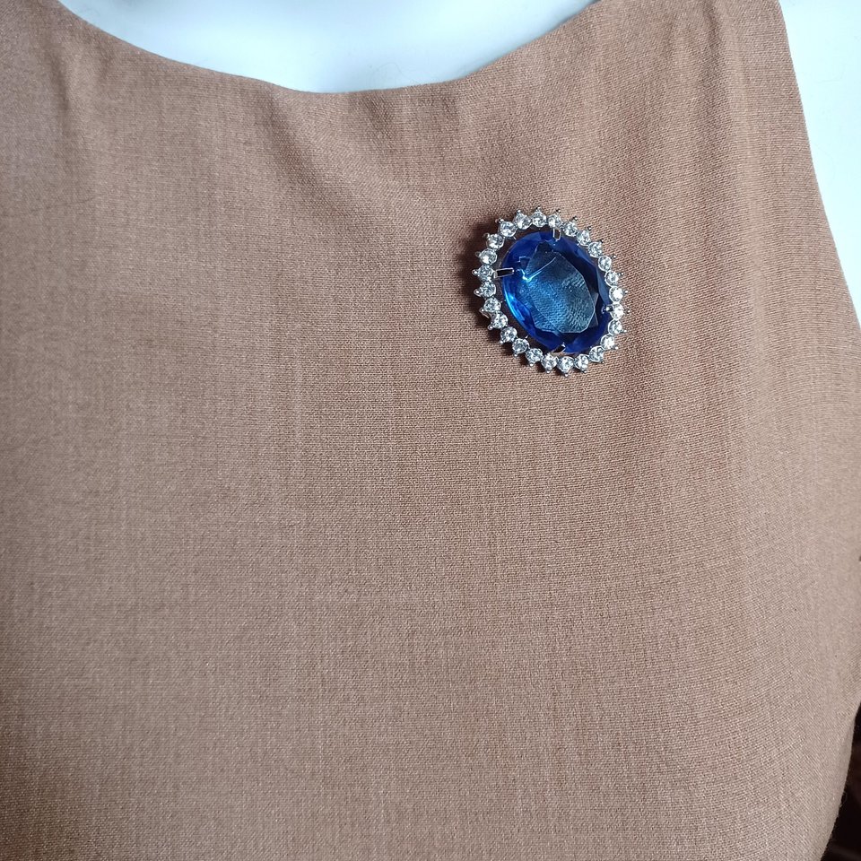 Vintage Rhinestone and Large Blue Glass Jewel Brooch/Pendant