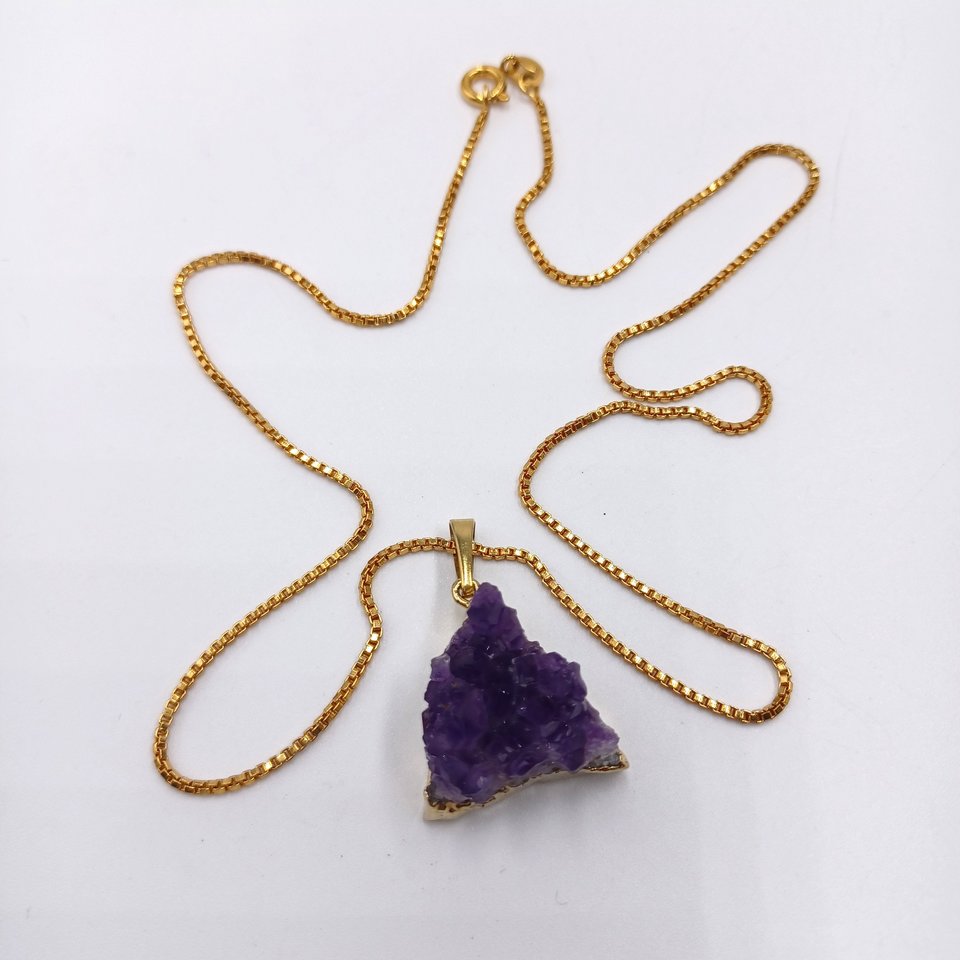 Gold Plated Purple Triangle Druzy Crystals Chunk Pendant and Gold Tone Box Chain Necklace