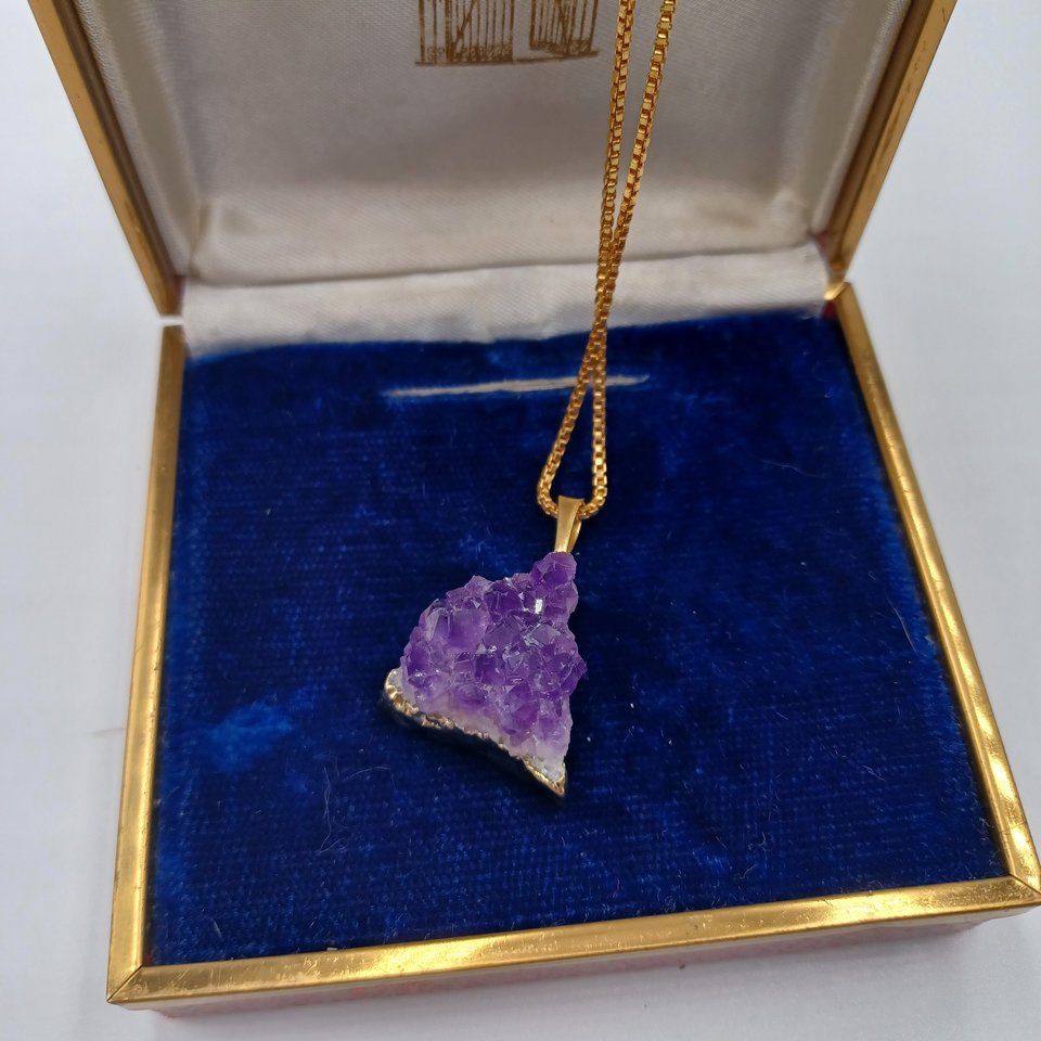 Gold Plated Purple Triangle Druzy Crystals Chunk Pendant and Gold Tone Box Chain Necklace