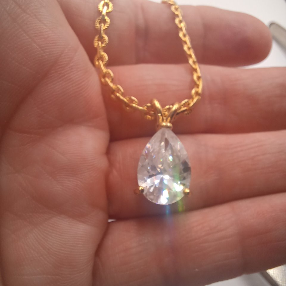 Huge Gold Plated Teardrop Cubic Zirconia Pendant  with a fancy Gold Plated Chain Necklace