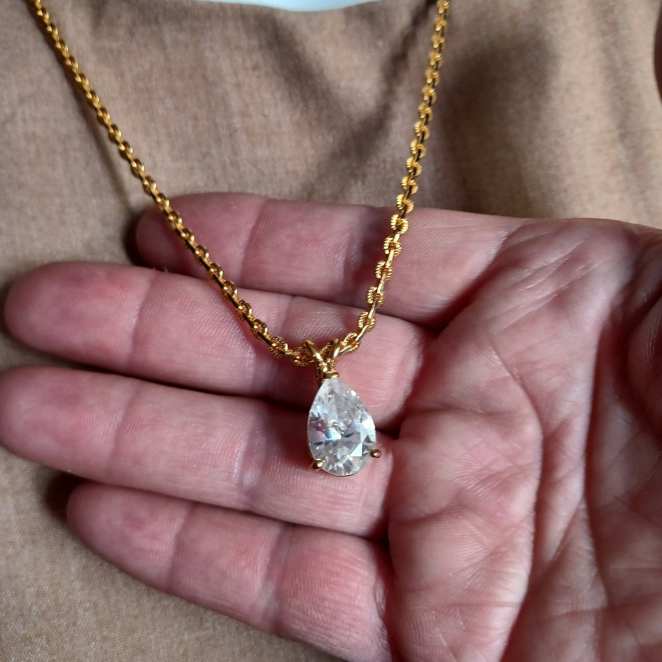 Huge Gold Plated Teardrop Cubic Zirconia Pendant  with a fancy Gold Plated Chain Necklace