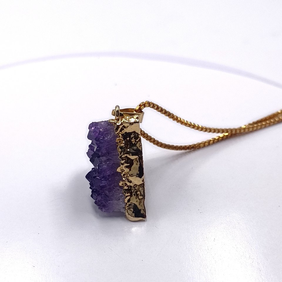 Gold Plated Purple Triangle Druzy Crystals Chunk Pendant and Gold Tone Box Chain Necklace
