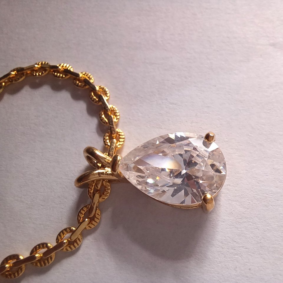 Huge Gold Plated Teardrop Cubic Zirconia Pendant  with a fancy Gold Plated Chain Necklace