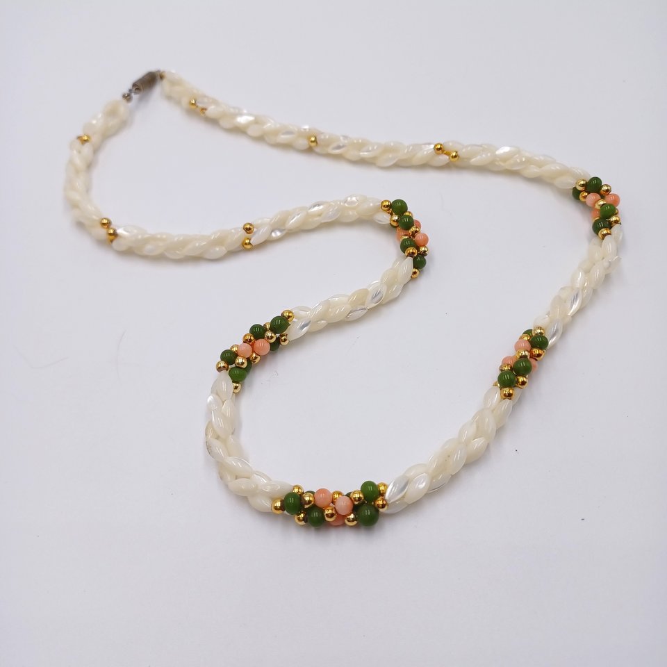 Mother of Pearl Woven Spiral with Coral and Jade Beaded Necklace