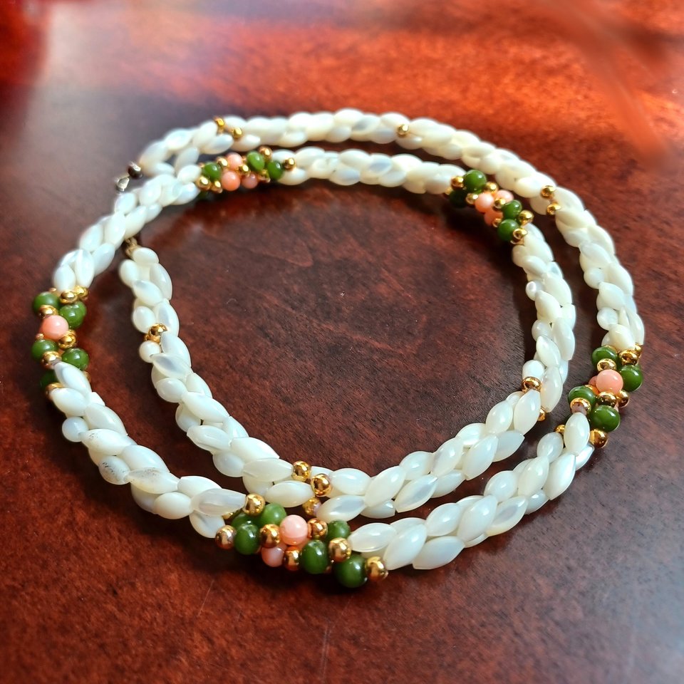 Mother of Pearl Woven Spiral with Coral and Jade Beaded Necklace