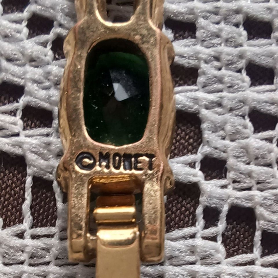 Monet Gold Tone and Dark Green Jewel Link Bracelet and Dangle Earrings Set