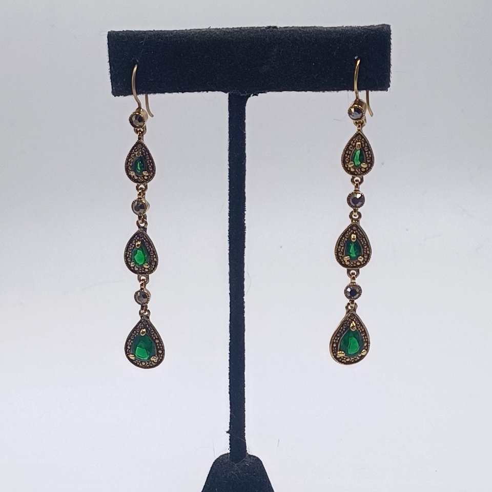 Monet Gold Tone and Dark Green Jewel Link Bracelet and Dangle Earrings Set