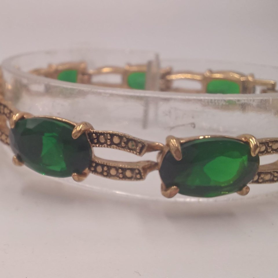 Monet Gold Tone and Dark Green Jewel Link Bracelet and Dangle Earrings Set