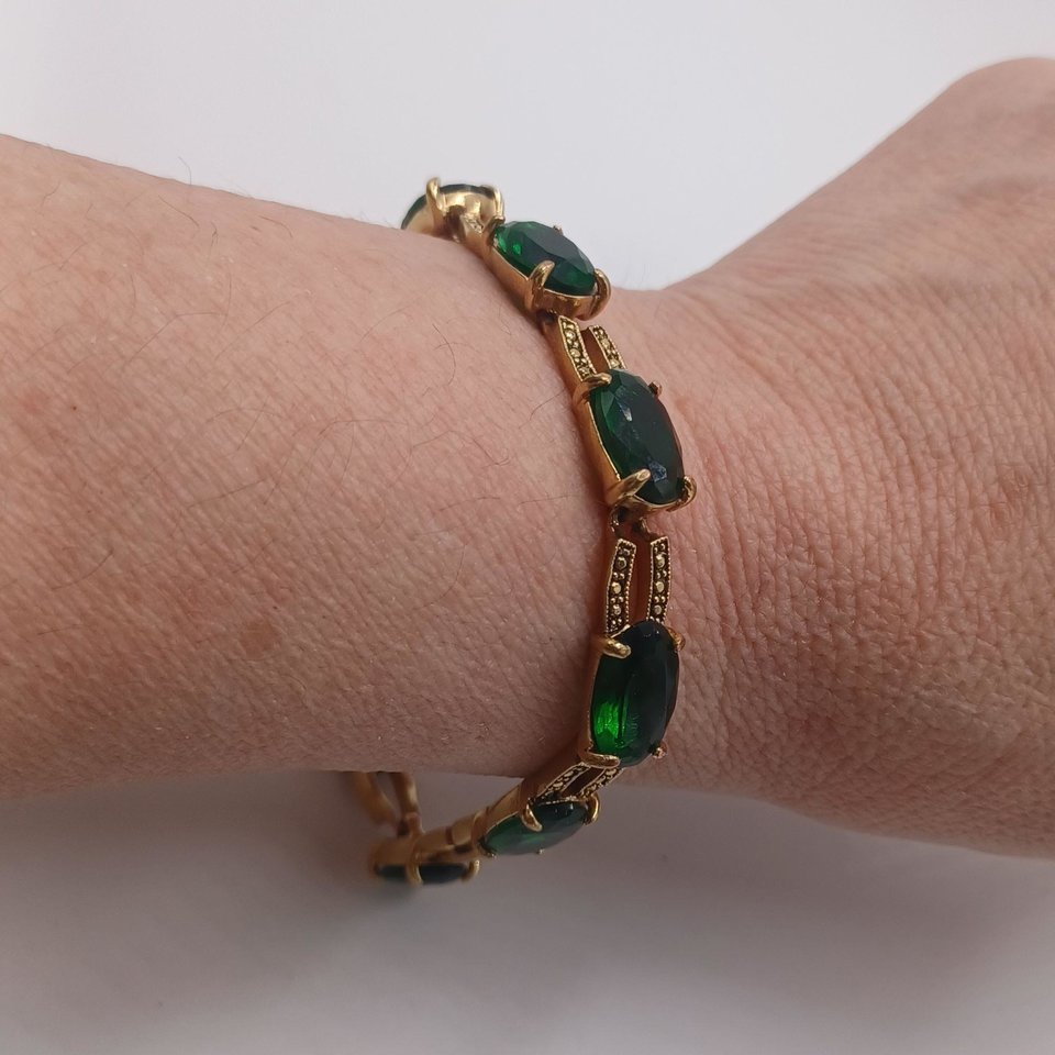 Monet Gold Tone and Dark Green Jewel Link Bracelet and Dangle Earrings Set
