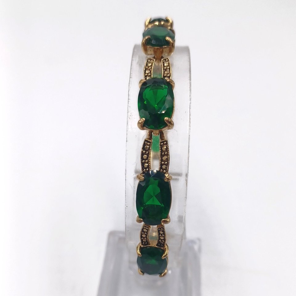 Monet Gold Tone and Dark Green Jewel Link Bracelet and Dangle Earrings Set