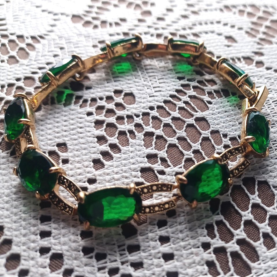Monet Gold Tone and Dark Green Jewel Link Bracelet and Dangle Earrings Set