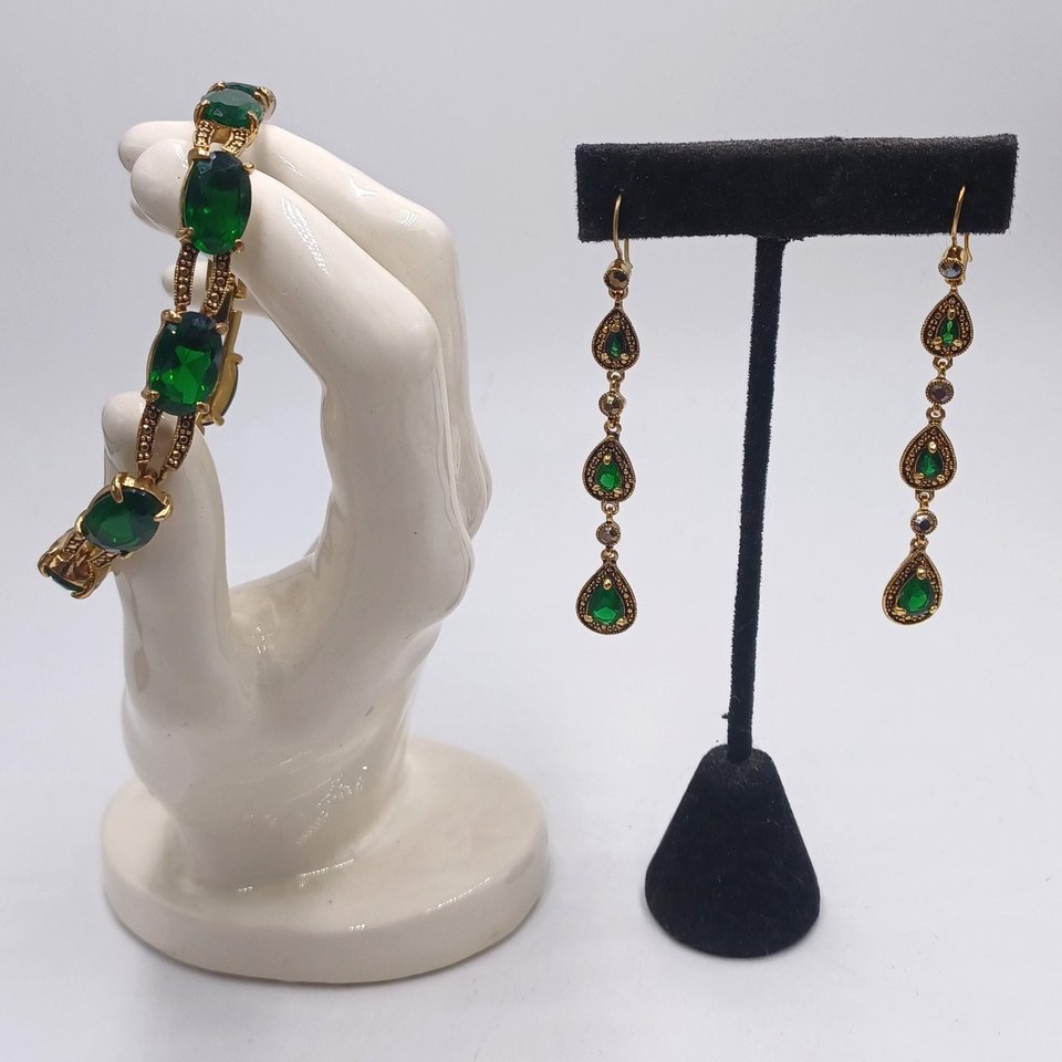 Monet Gold Tone and Dark Green Jewel Link Bracelet and Dangle Earrings Set