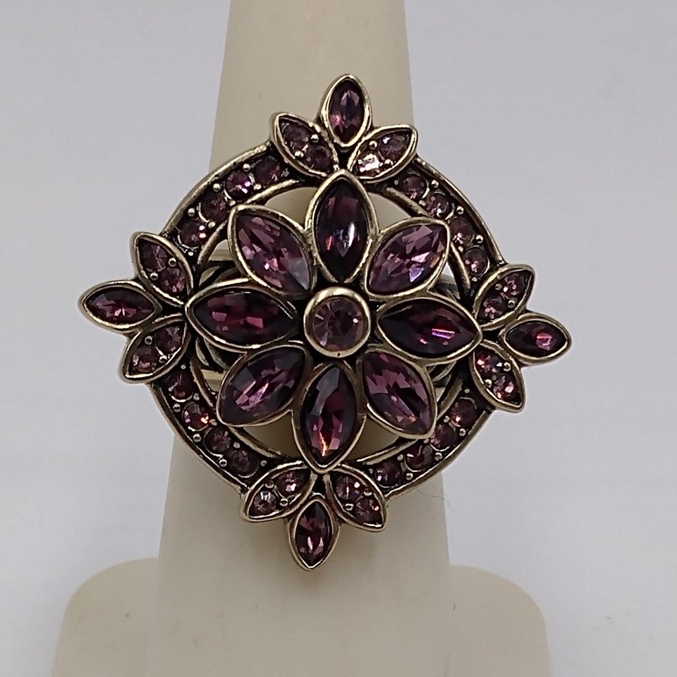 Designer Heidi Daus Bronze Table Top Amethyst Crystals and Small Pink Rhinestones Cocktail Statement Ring Size 6.25