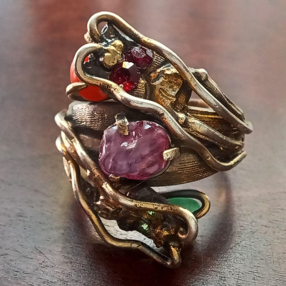 Vintage Chinese Import Double Dragon Sterling Silver Gemstone Ring Size 10.5,