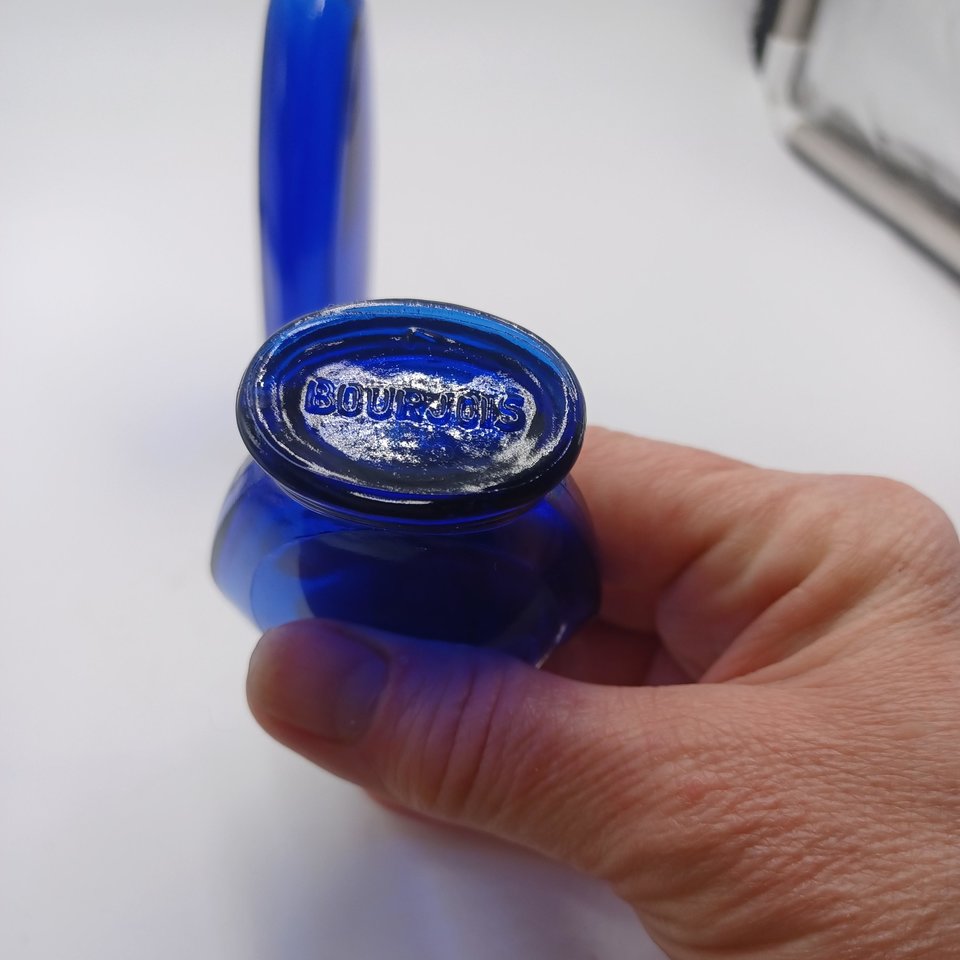 Two Bourjois Cobalt Blue Glass "Evening in Paris" Perfume Bottles with Lids, Vintage