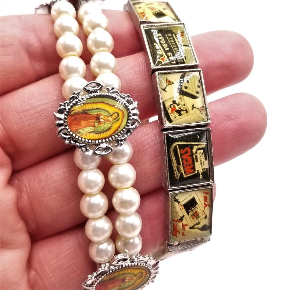 Two Vintage Rockabilly Stretch Bracelets, Faux Pearl and Las Vegas, Retro Bracelets
